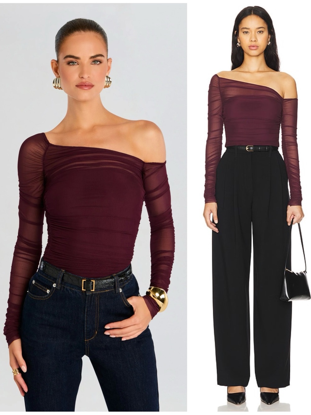 NEW SER.O.YA Shauna Asymetric Mesh Top Off Shoulder Ruched Sheer Merlot Small